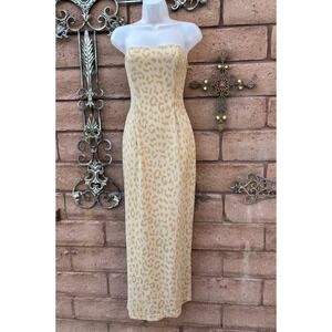 Vintage Gunne Sax Gown Corset Strapless Gold Glitter Animal Print 3/4 90s